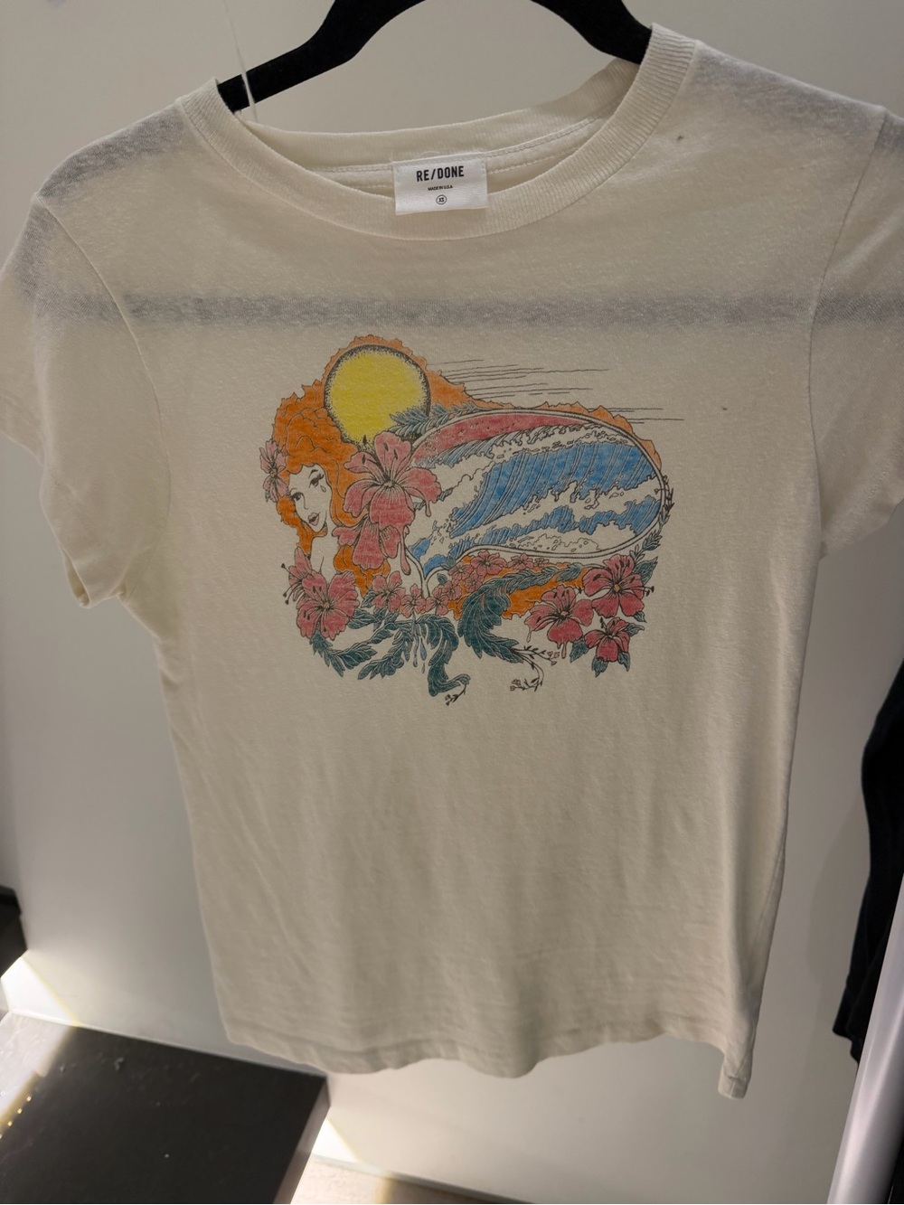Re/Done Cream Short-Sleeve Graphic Tee with Surf Floral Motif